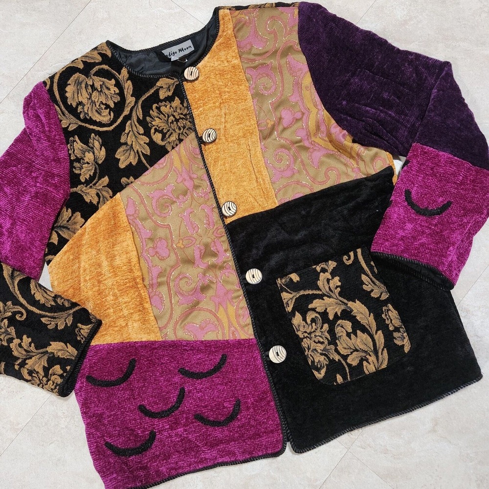 VTG Indigo Moon Womens L Large Tapestry Colorful Artwear Button Up Jacket